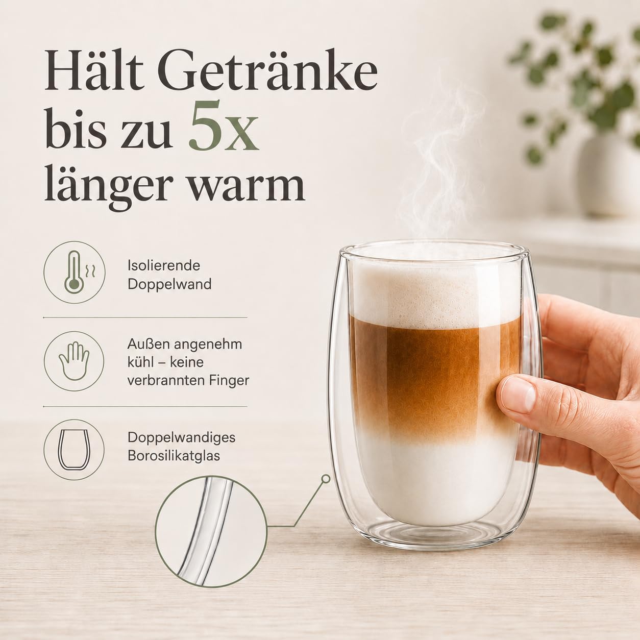 LAPRESO® Latte Macchiato Gläser doppelwandig 6er Set 350ml - Doppelwandige Gläser modernes Design Cappuccino Tassen Teegläser aus Borosilikatglas