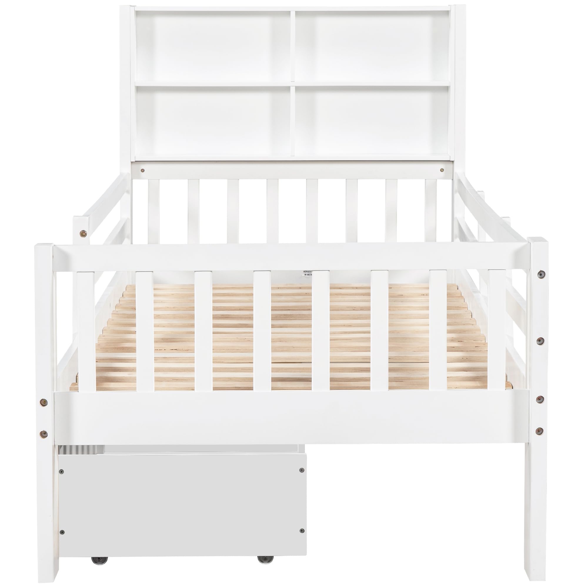Azkoeesy Letto singolo per bambini con cassetti e ripiani contenitore, 90x200 cm, con protezione anticaduta e lavagna, Legno di pino, bianco