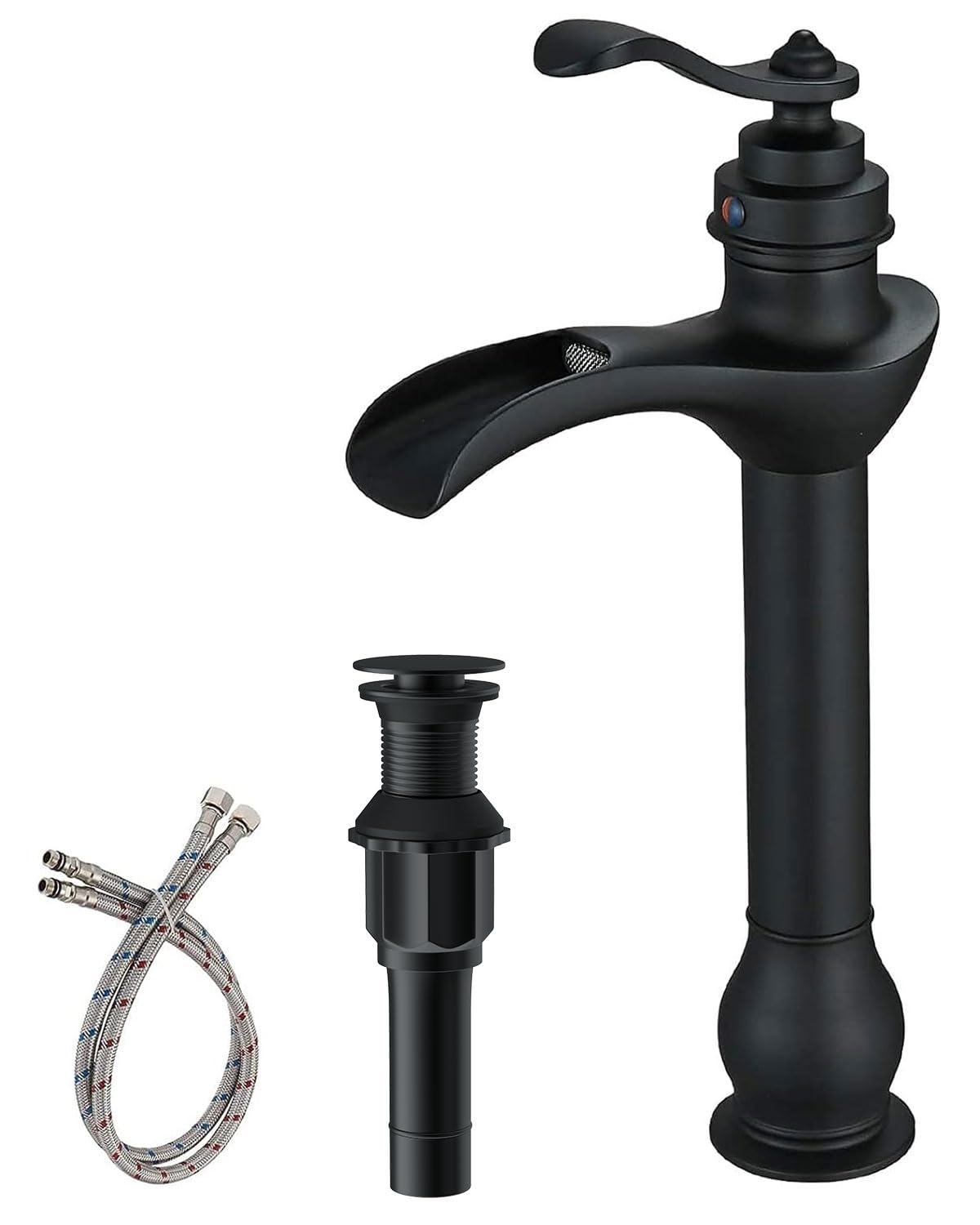 Nfusrxmbk Matte Black Vessel Sink Faucet Waterfall Single Hole Handle With Pop Up Drain Stopper Assembly And Supply Hose Bathroom Faucet Vanity Lavatory Mixer Tap Tall Body