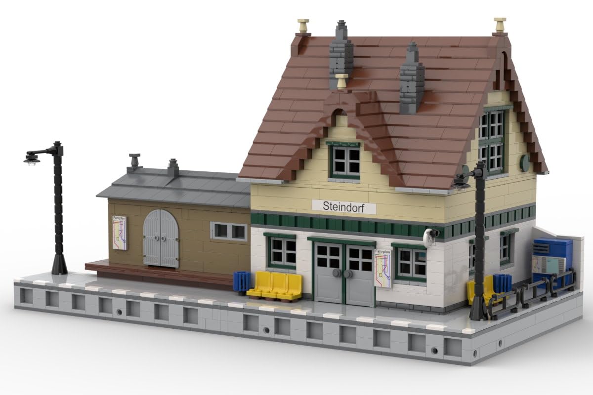 Petite ville modulaire de la gare de Steindorf - 1 963 blocs de serrage - 48 x 24 x 27,5 cm - Accessoires de ville détaillés - Avec pierres imprimées - Compatible avec les systèmes de