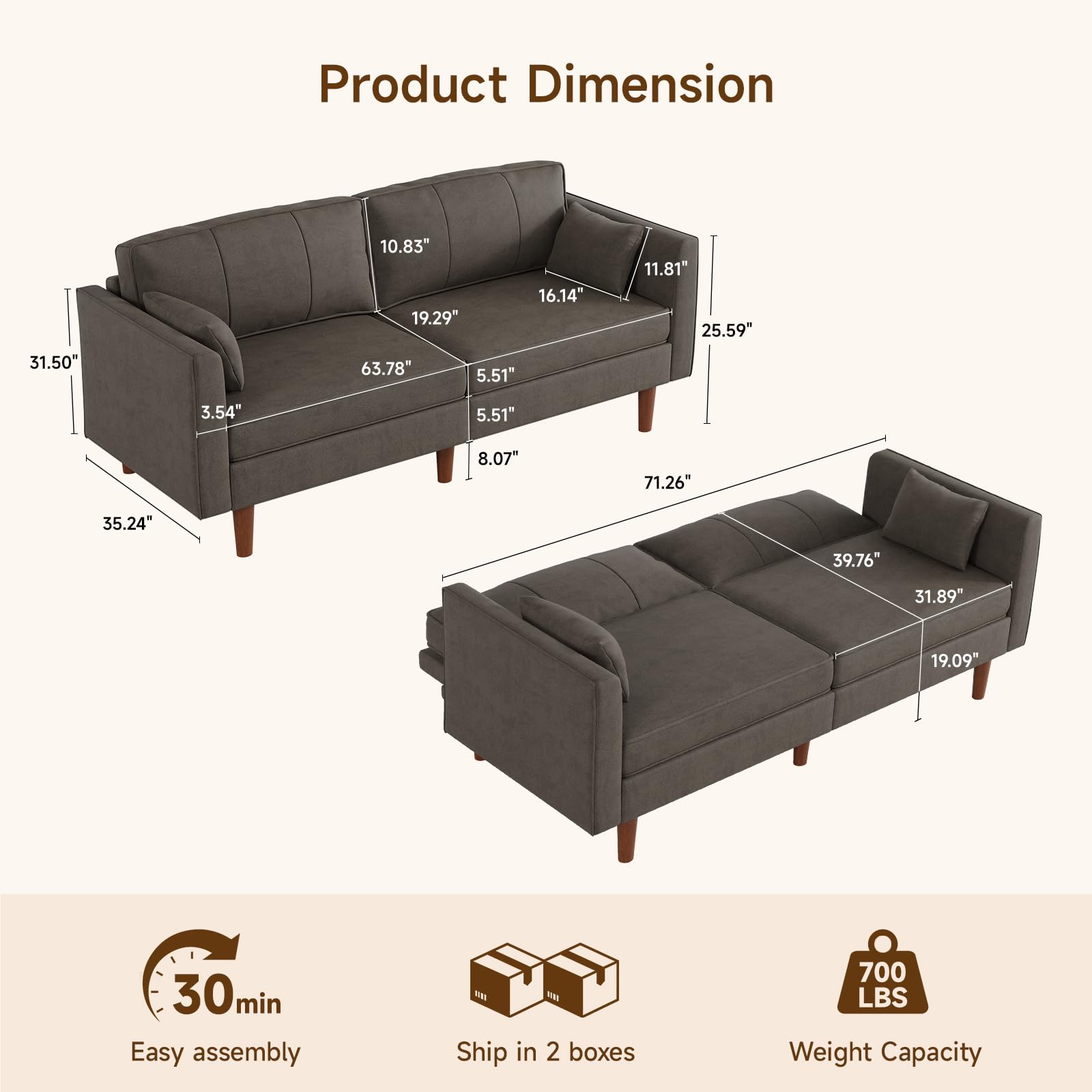 Faux Leather Futon Sofa Bed, 71" Convertible Sleeper Sofa Couch | Leather Couch with Adjustable Backrest Folding Loveseat for Apartment, Living Room, Office, Brown