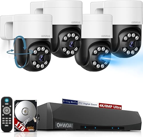 Vista 21 de OHWOAI 《Audio de 2 vías y seguimiento automático inteligente》Sistema de cámara de seguridad con cable para exteriores 4K, cámaras IP PTZ