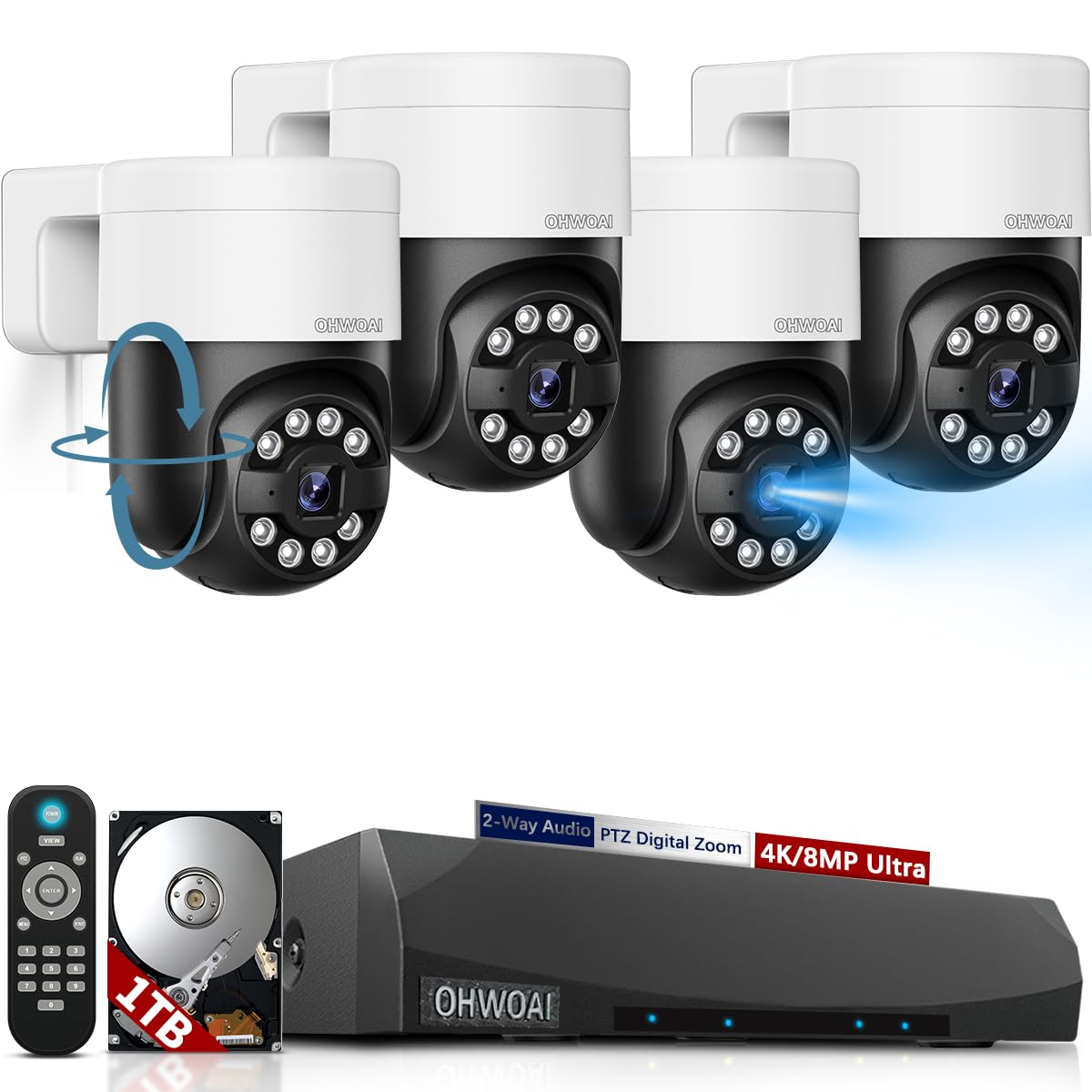 《4K/8.0 Megapixel &amp; Smart Auto Tracking》Wired PTZ Security Camera System, 4K POE Cameras Systems for Home Video Surveillance DVR Kits