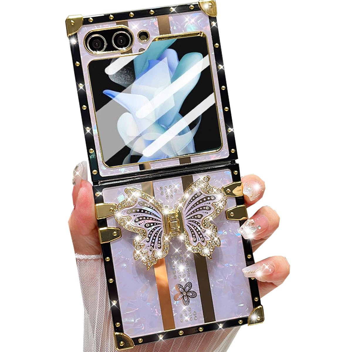 Changjia Glitter Kickstand Case for Samsung Galaxy Z Flip 6, Cute Bling Sparkly Rhinestone Butterfly Foldable Stand TPU Bumper Shockproof Protective