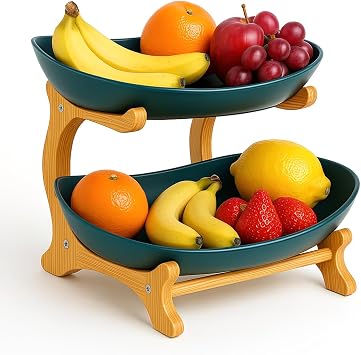 Fruit Bowl With Bamboo Wood Stand, Fruit&Vegetable Candy Dish Decor Basket for Kitchen Counter,Large Capacity Vegetable Storage Stand Snacks Rack Tray Plate Rack