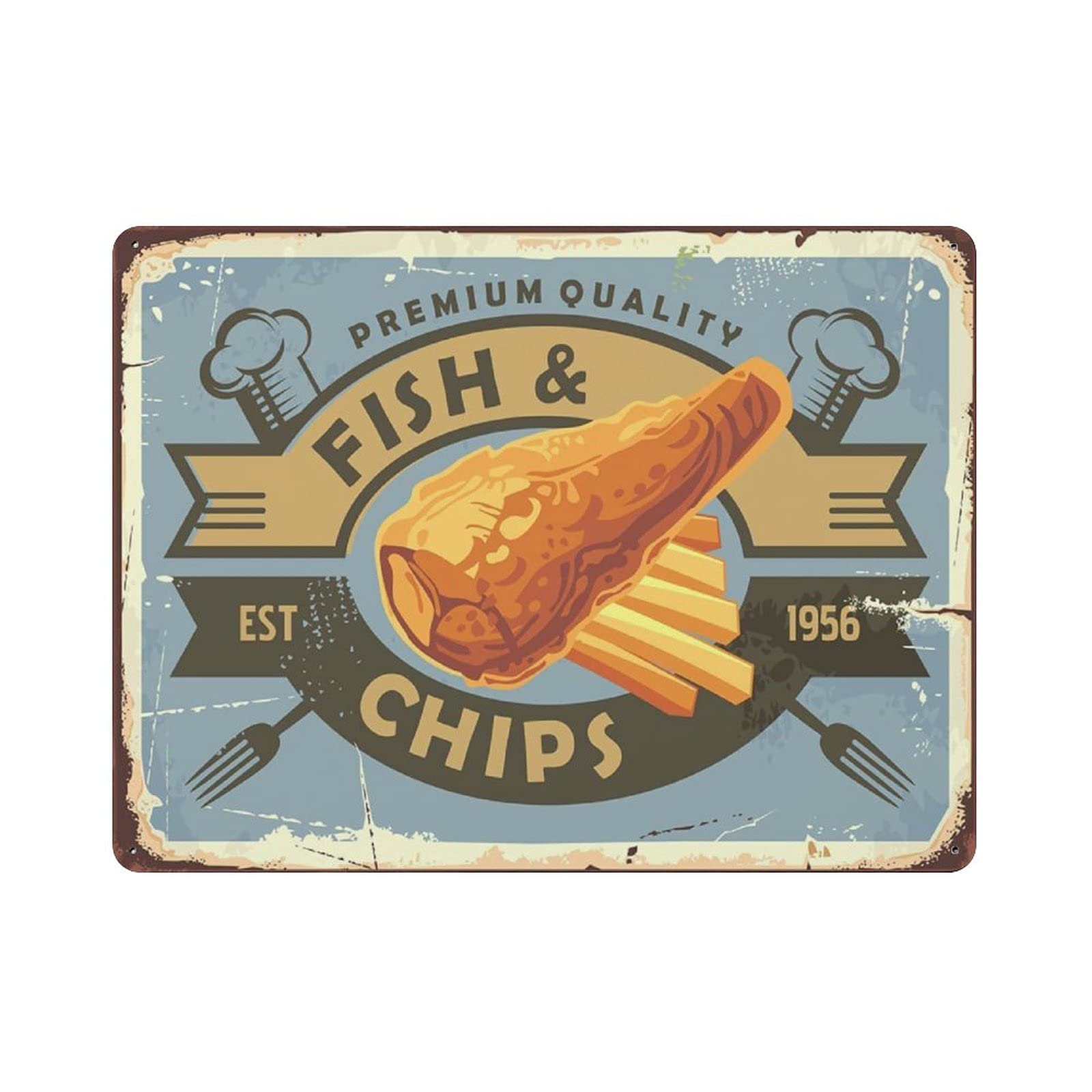 Fish and Chips Metal Signs, Fun Poster For Bar Kitchen Cafe Farmhouse Wall Decor 12x16 inch