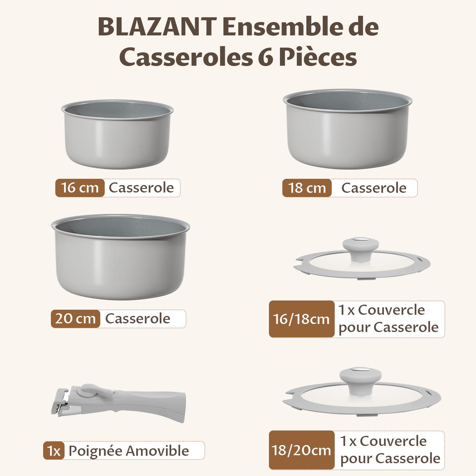 cuisine BLAZANT Casseroles Induction 6 pièces, Casserole en Céramique Antiadhésives 16/18/20 cm, sans PFOA, Poignées Amovibles, Base à induction à liaison moléculaire, passe au four