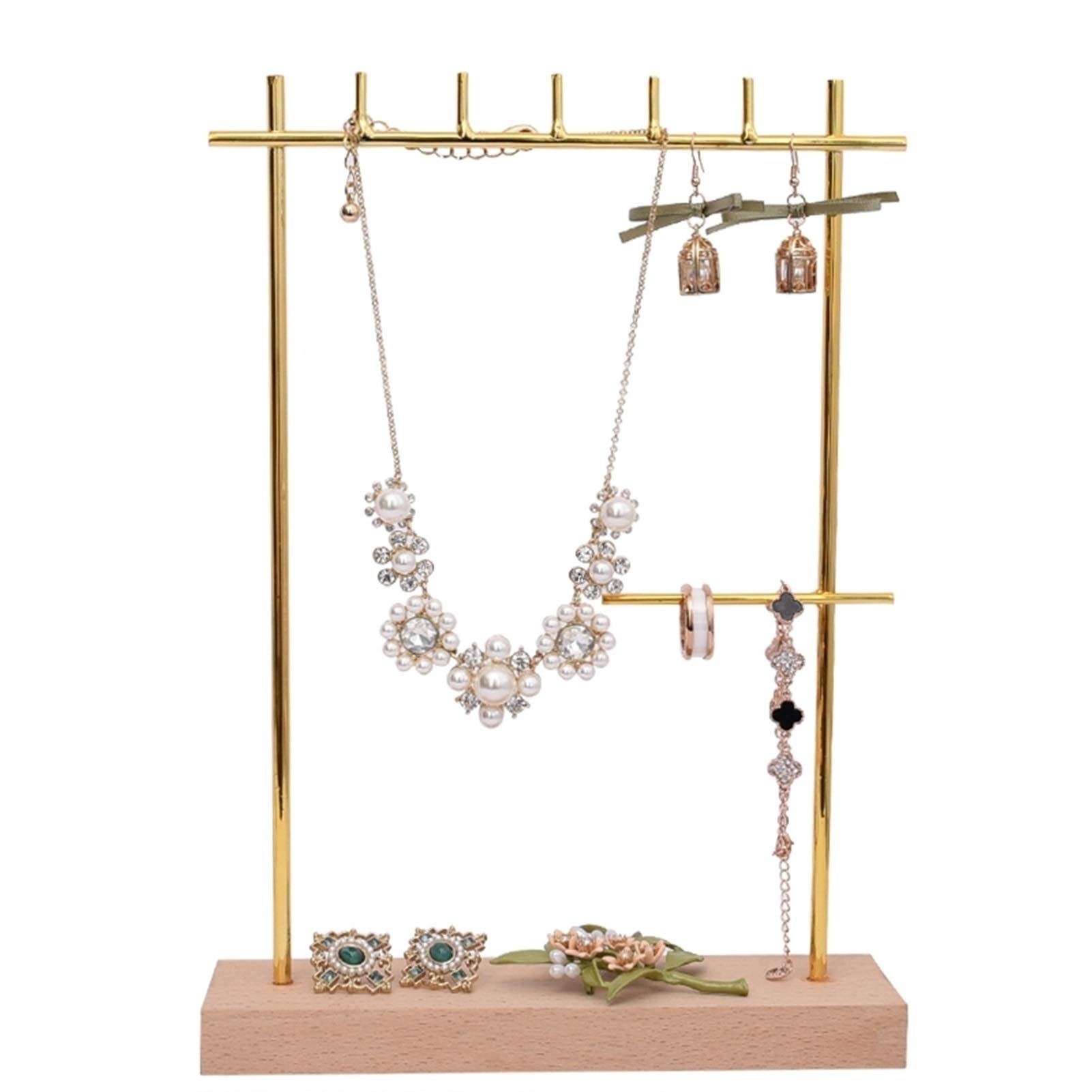 HDBCYUAZ Modern Brass-Plated Metal Jewelry Display Stand Tree Organizer Necklace, Bracelet, Earrings Hanging Holder with Wooden Base