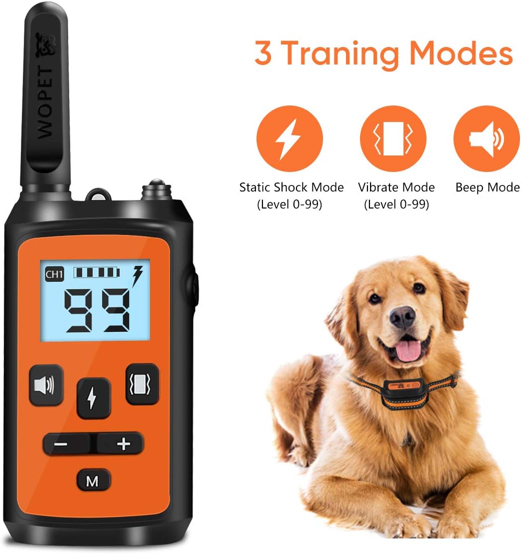 WOPET Dog Training Collar, Dog Shock Collar with Remote 3 Channels w/3 Training Modes, Beep, Vibration and 99 Shock Level up to 1500Ft Long Range for Small Medium Large Dogs