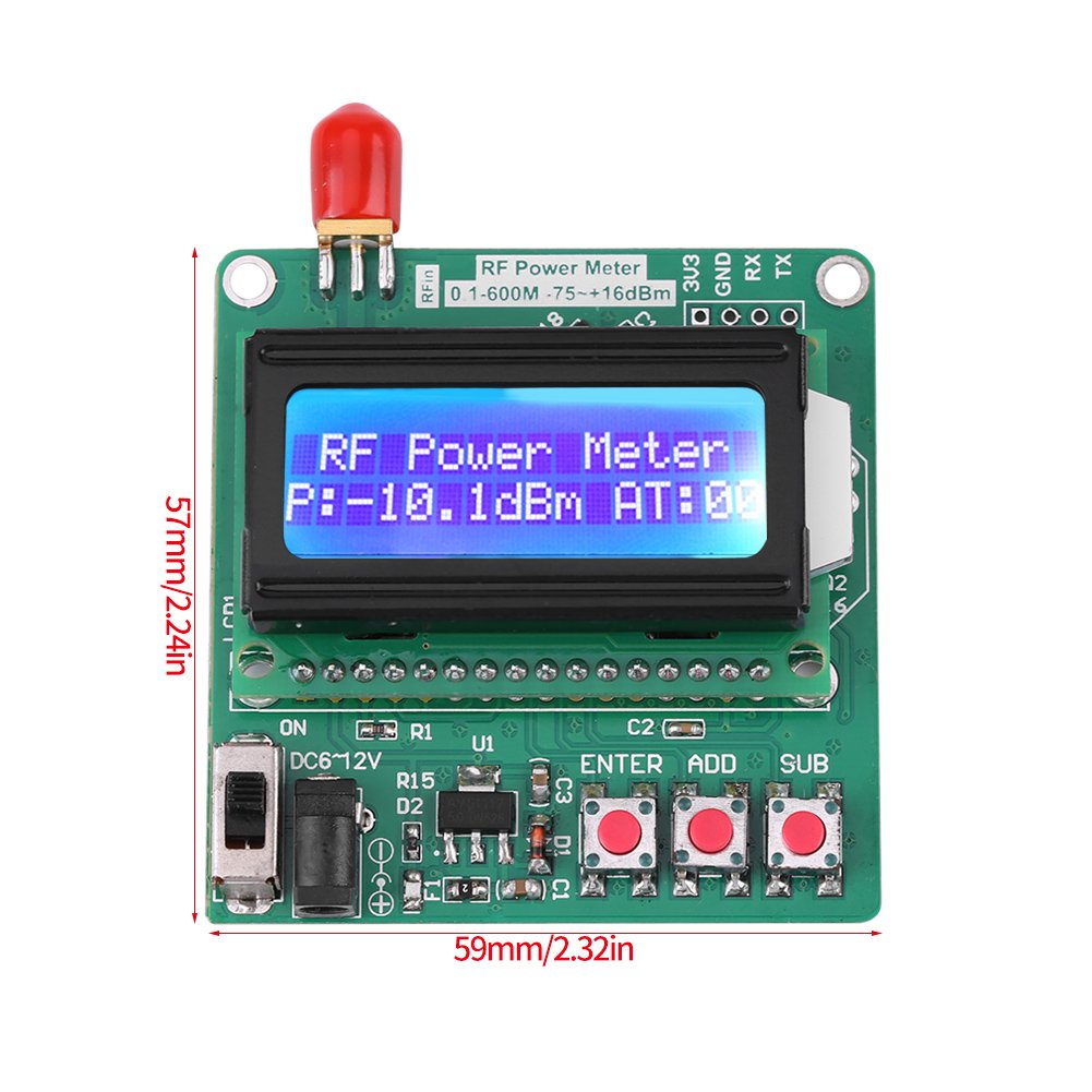 Power Meter, Digital LCD RF Power Meter -75~16 dBm 1-600MHz Radio Frequency Attenuation Value wattmètre électrique Fréquencemètre d'atténuation