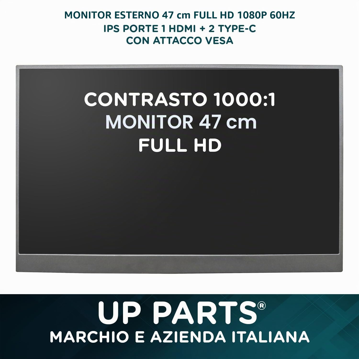 Monitor Portatile, Schermo portatile, Monitor portatile per laptop, 185WP - 18.5" Full HD 1920x1080, IPS, USB-C e Mini HDMI, Attacco Vesa,Ultra Sottile, Altoparlanti, Azienda Italiana