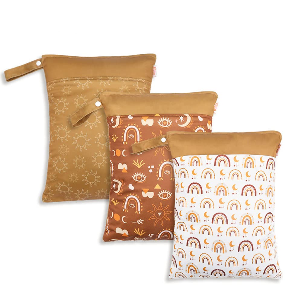 Treer 3 PCS Wet Bag Baby Cloth Diaper Bag Nappy Bag, Washable Reusable Hanging Double Zipper Waterproof Large Wet or Dry Organizer Bag for Daycare Travel Beach Pool (Brown Sun,30x40cm)