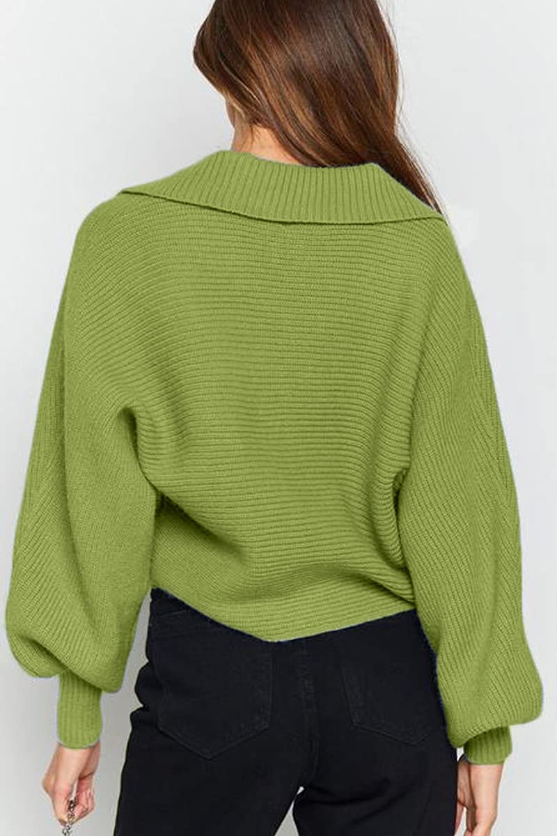 CHYRII Women Overized Puff Long Sleeve V Neck Knitted Polo Pullover Sweater Jumper Tops
