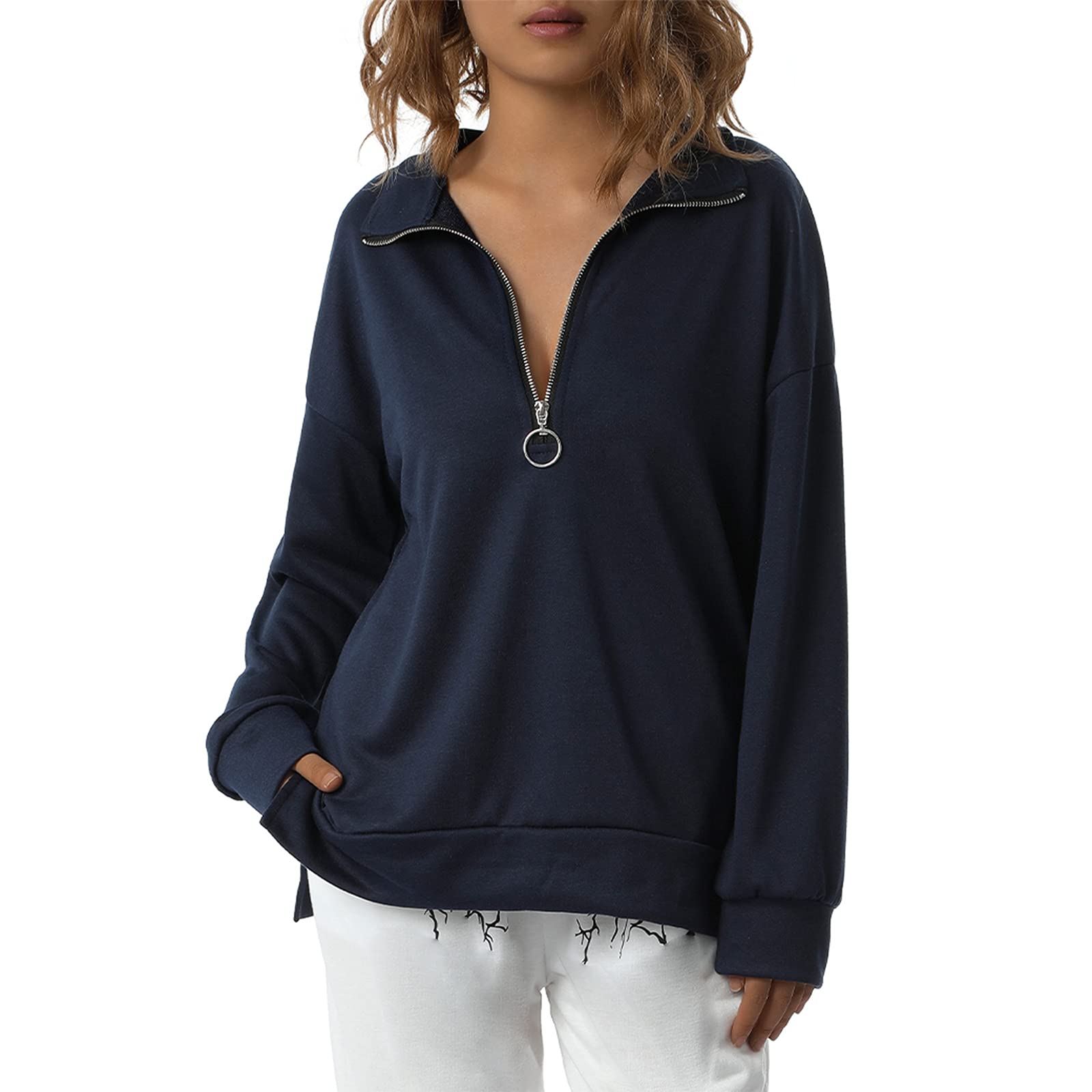 FUNWAVE Women's Casual Half Zip Up Sweatshirts Long Sleeve Solid Color Lapel Pullover Activewear Running Jacket Tops