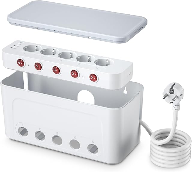 Skrzynka Kablowa z Listwa Zasilająca USB, Listwa 5 Gniazdami z Wyłącznikami i Pudełkiem na Kable, Wielokrotne Gniazda Elektryczne Pojemnik na Kable z Pokrywką, Gniazdo USB Organizer na Kable, Biały