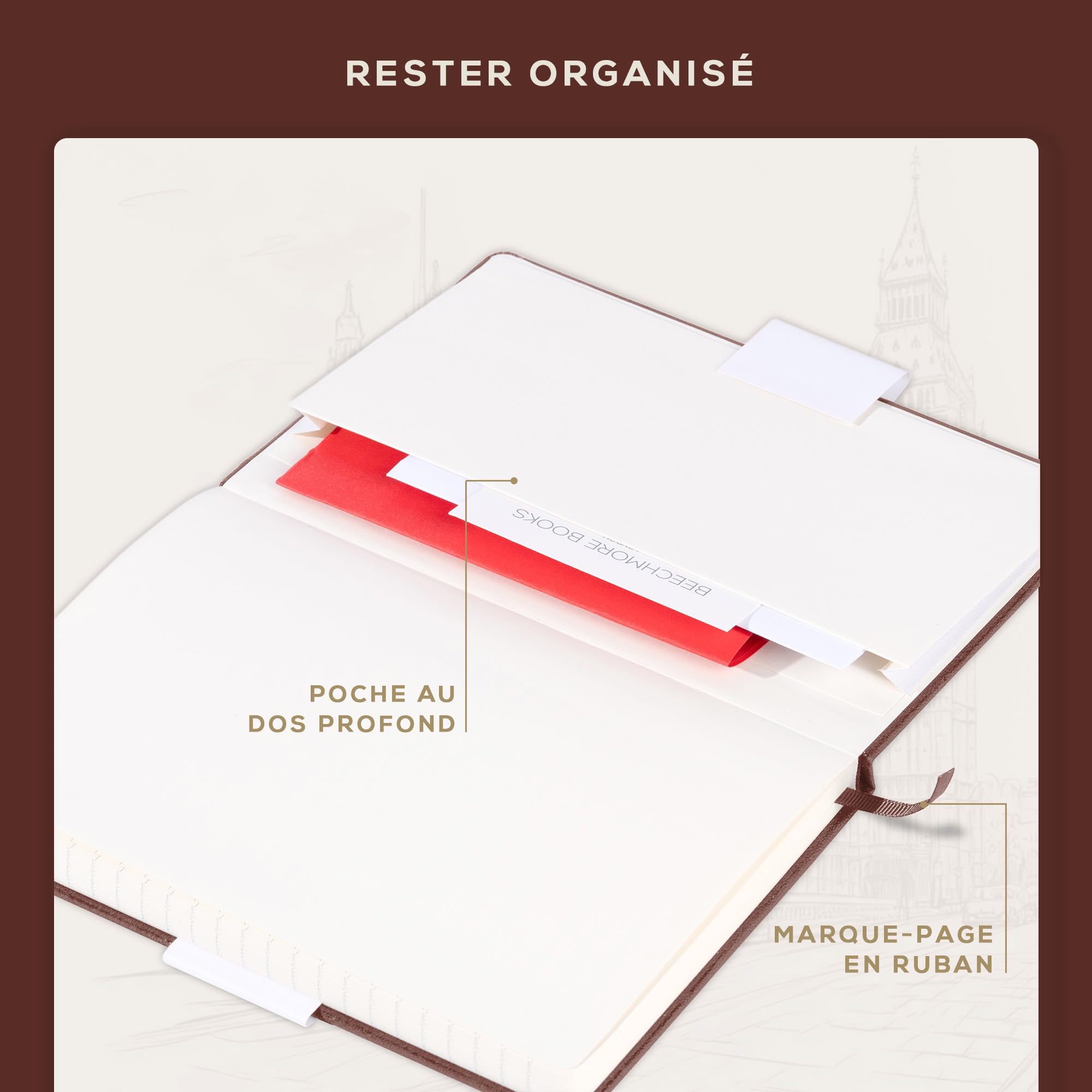 Carnet de Notes A5 Marron Couverture Rigide Cuir Vegan Papier Ligné 120 g/m² Beechmore Books