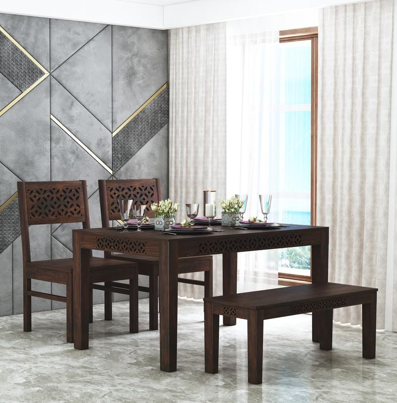 Image of Solid Sheesham Wood Dining Table Set with Chairs | Brown Modern Decorative Dining Set for Home /Office /Dining Room /Hotels | Walnut Brown 4 Seater