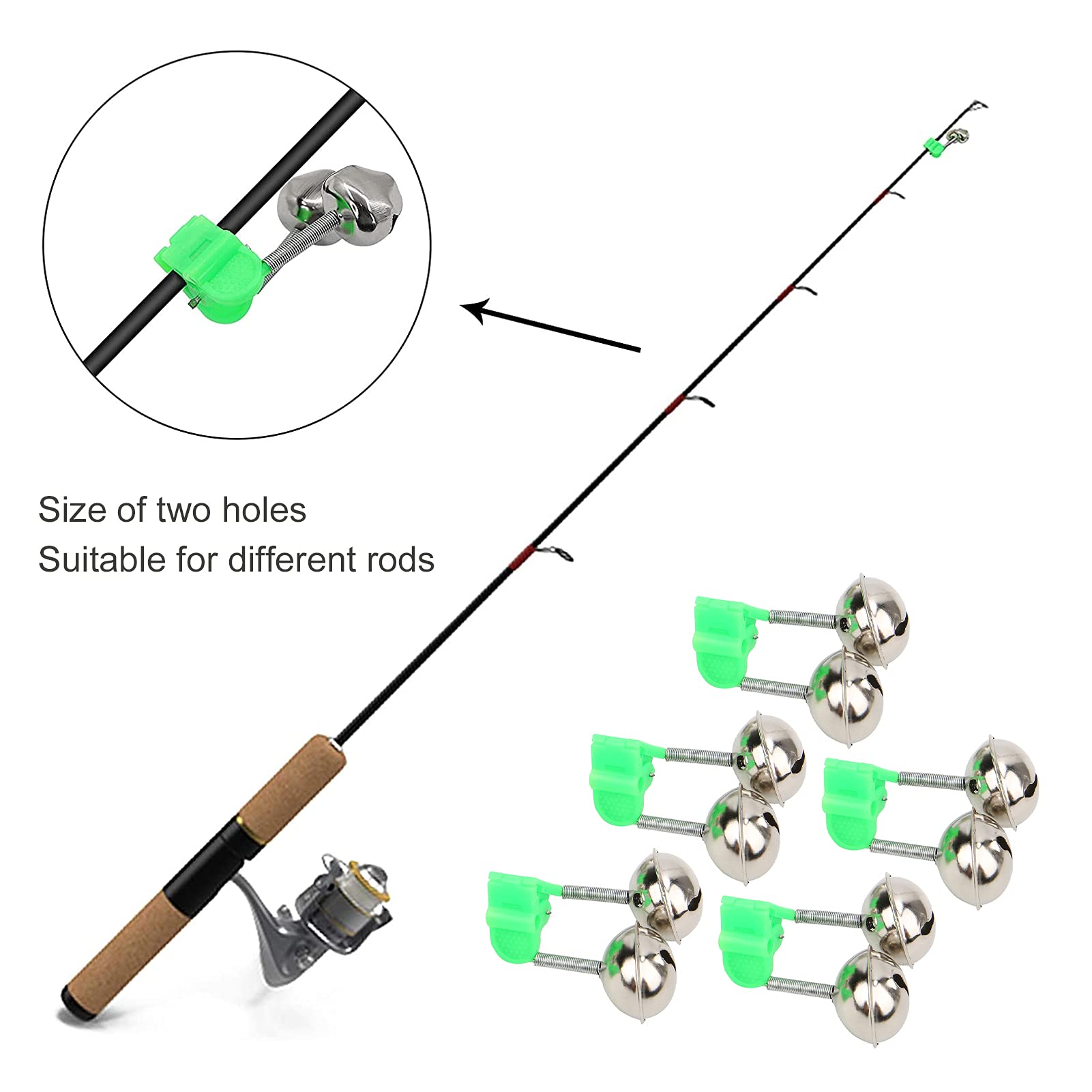 equlup 5 PCS Fish Bite Lure Alarm, Plastic and Metal Fishing Rod Clamp Tip Clip Bell Dual Alert Bell Fishing Rod Extra Loud Alarm for Fishing Rod