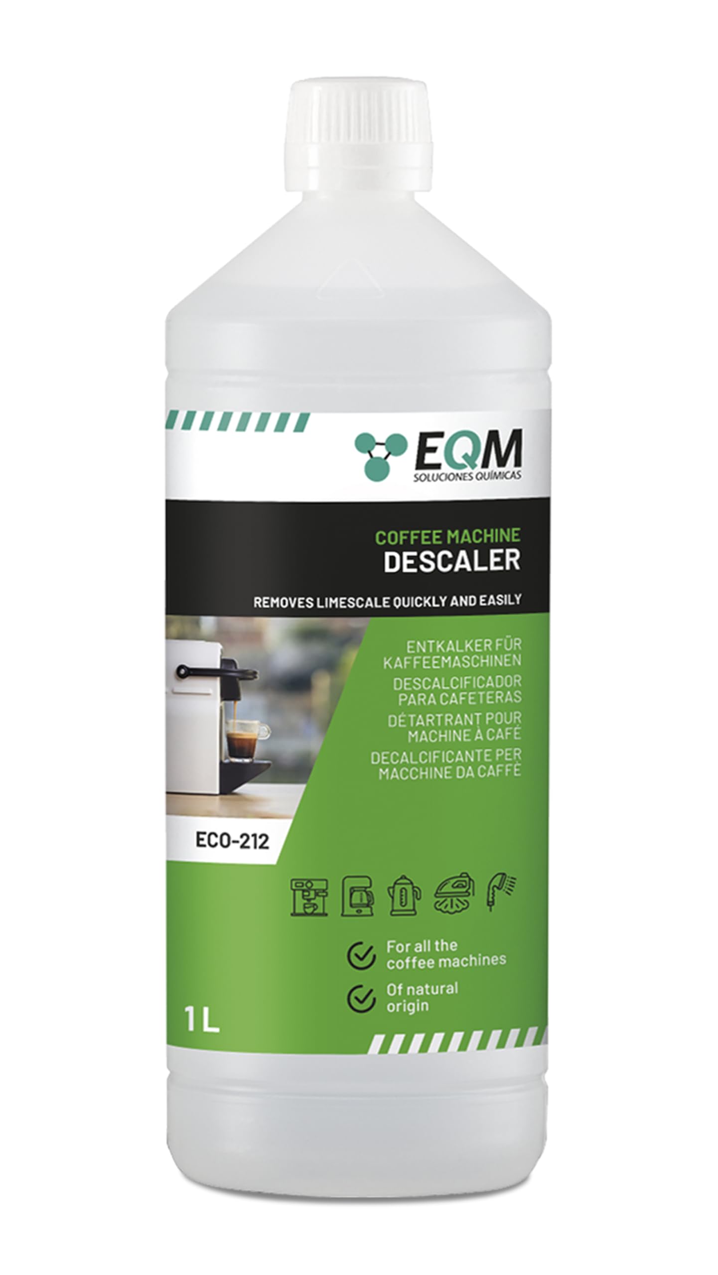 EQM - ECO-212 - Coffee Machine Descaler - 1L - 100% Natural Origin - Compatible with All Coffee Machines - Removes Limescale in Coffee Makers and Household Appliances
