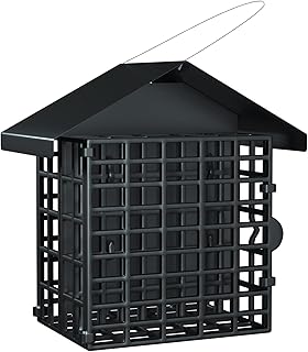 Vivace Suet Feeder with 2 Suet Cages, Metal Roof Covered Suet Bird Feeder Hanging Wild Bird Feeders Suet Holder Rust Proof Suet Cake Feeder for Outdoors, Black