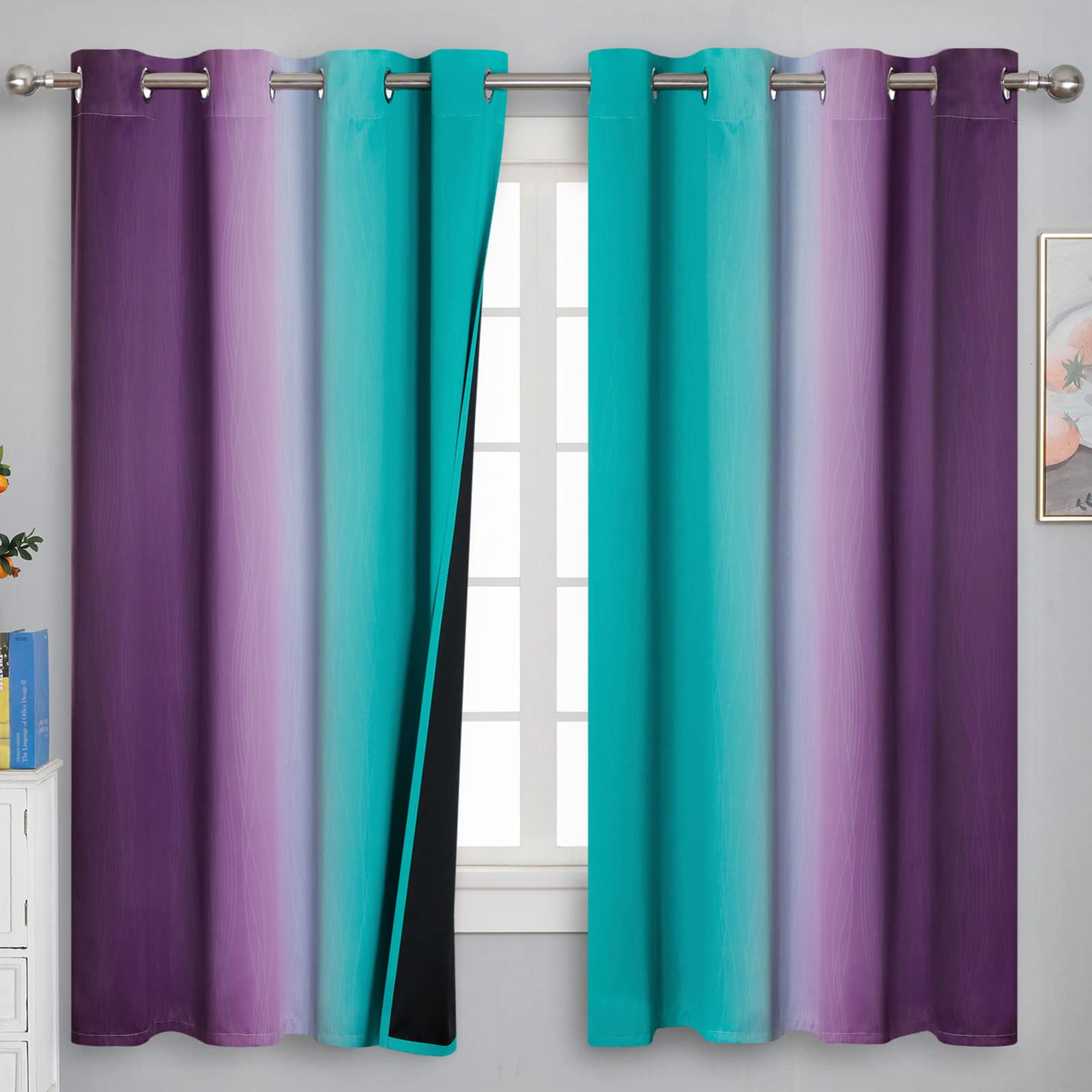 Teal and Purple Gradient Curtains 63 Inch Length 2 panels, Ombre and Wavy Line Pattern Blackout Curtains for Kids Room, Full Light Blocking Thermal Insulated Grommet Drapes for Bedroom, 52x63 Inch