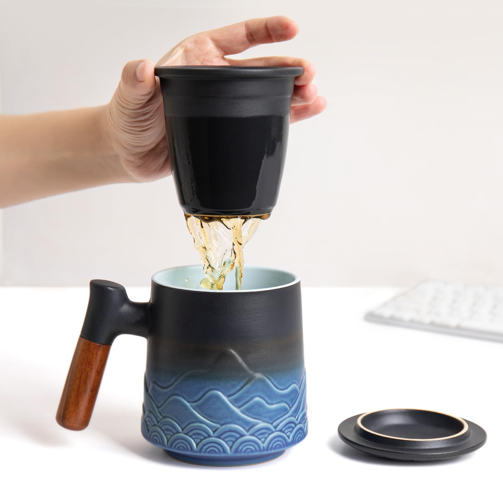 Taza Infusiones con Tapa y Filtro, Tazas de Te 500ml Grande Ceramica Artesanal, con Asa, Regalo para los Amantes del Té, Azul