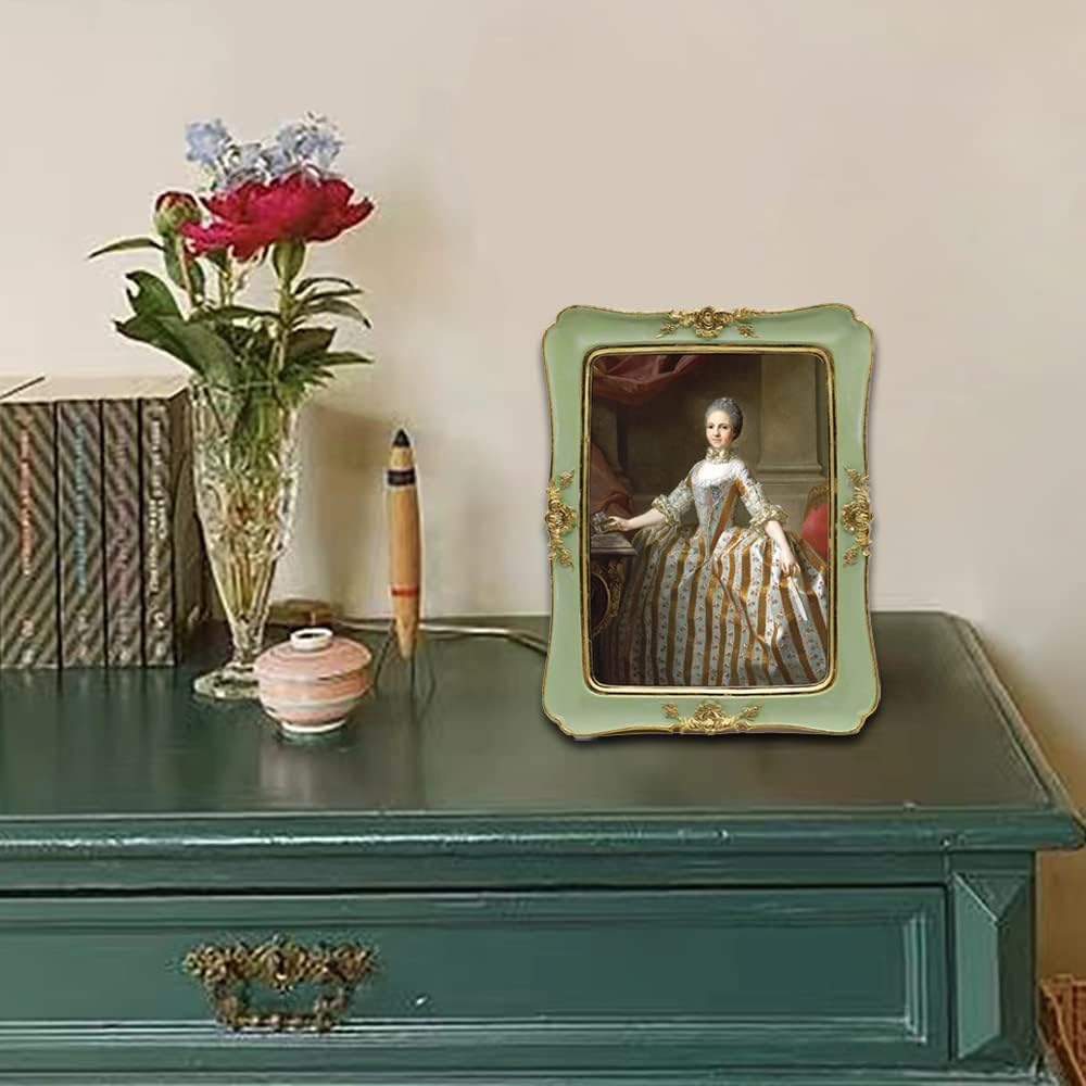 SYLVIA'S SHOP Vintage 5x7 Picture Frame, Antique Ornate Photo Frame, Table Top Display and Wall Hanging Home Decor, Old Fashioned Gorgeous Photo Gallery Art Deco, Green with Gold