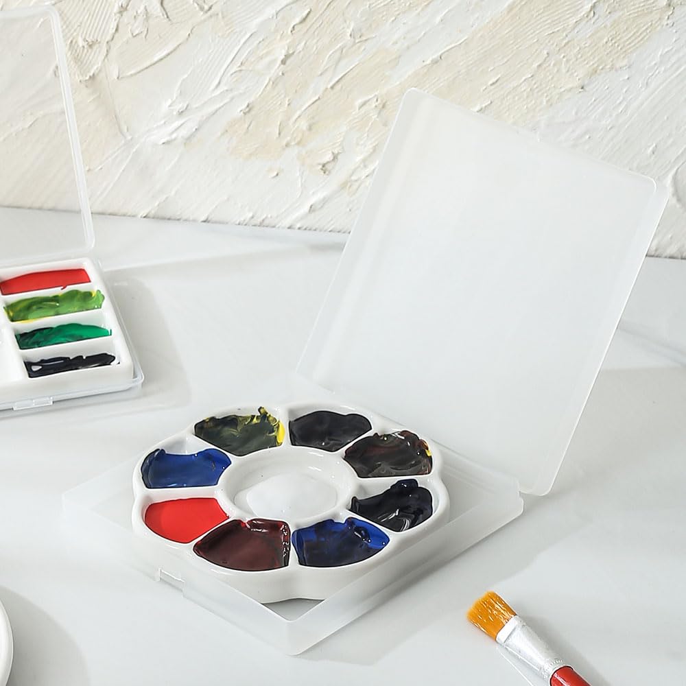 Porcelain Water Color Paint Palette with lid,Mixing Art Paint Tray Ceramic,9 Wells,5 inch