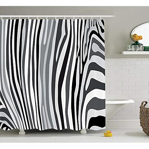 Zebra Print Shower Curtain Zebra Pattern Vertical Striped Design Nature Wildlife Inspired Illustration Fabric Bathroom Decor Set with Hooks 180CM Grey White Cover