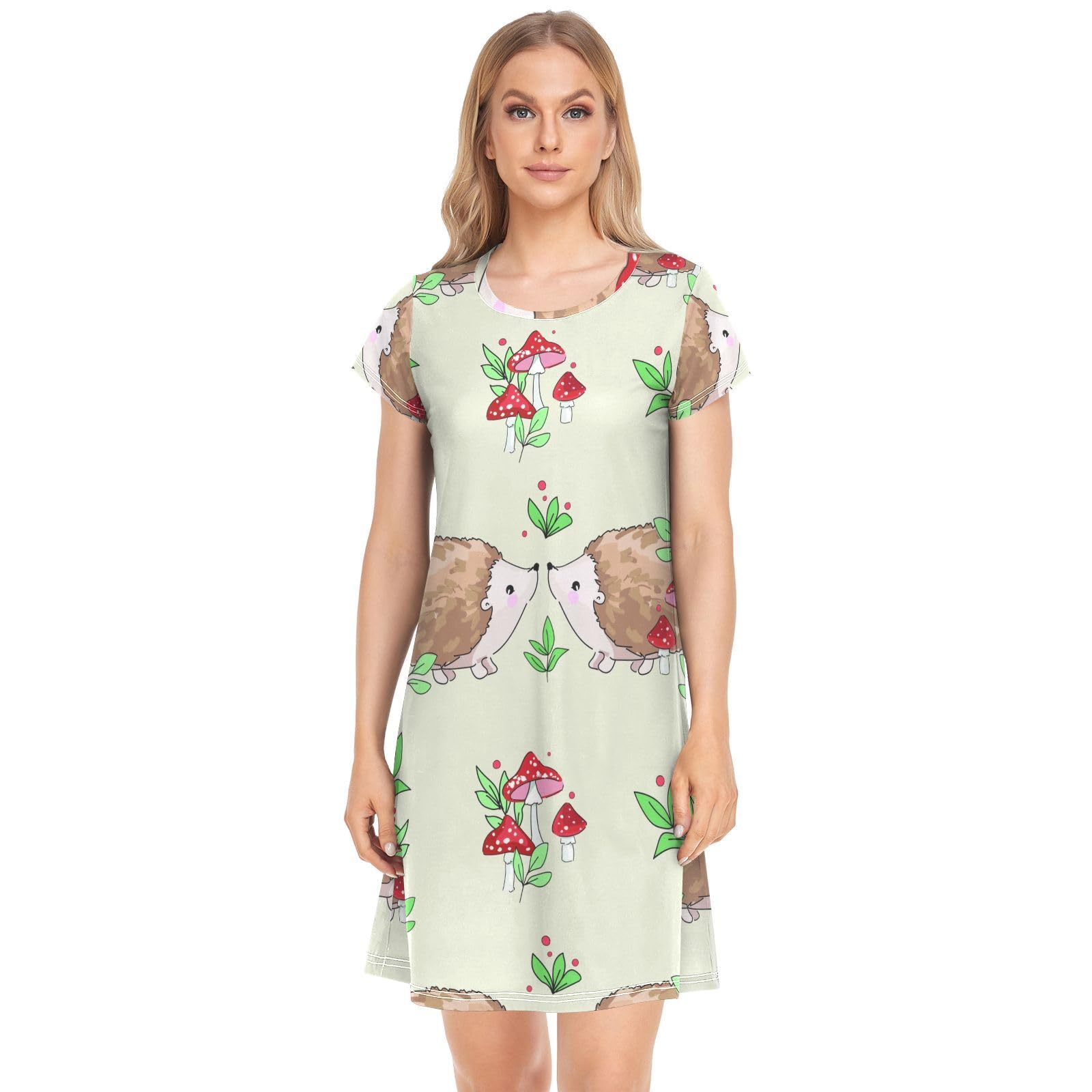 YOUJUNER Women's Nightdress Cute Hedgehog Mushrooms Nighties Nightgown Short Sleeve Nightshirt Sleepwear Loungewear T-Shirt Dress