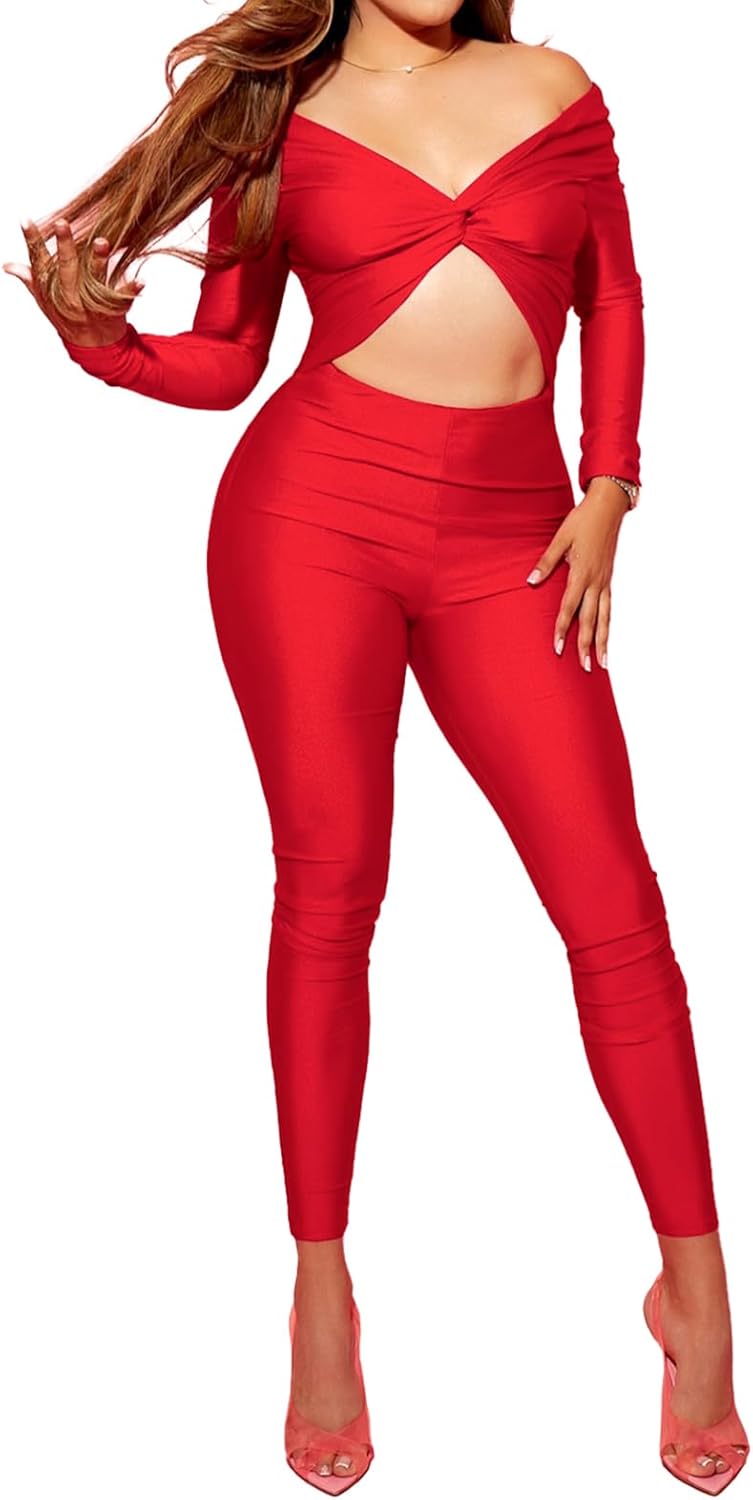 Sexy Long Sleeve Jumpsuit for Women, Twsit Knot Cut Out Bodycon Night Club Off the Shoulder Outfits - Image 3