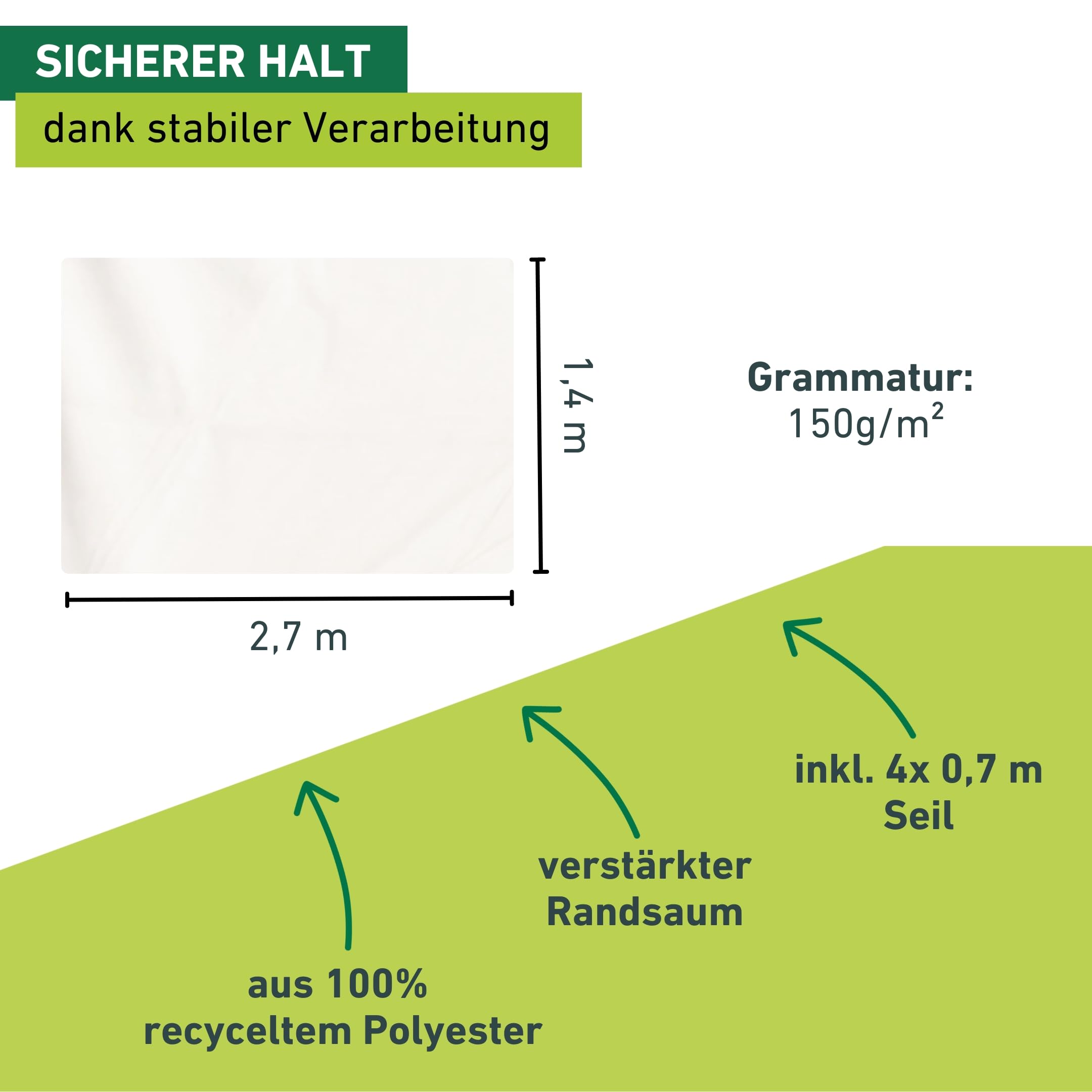 Windhager Balkon-Sonnensegel "CANNES", Hellgrau rechteckig, 100 Prozent recyceltes Polyester, 2,7 x 1,4 m, 150 g/m², Sonnenschutz für Balkon, inkl; befestigungsseil, wind- und wasserabweisend