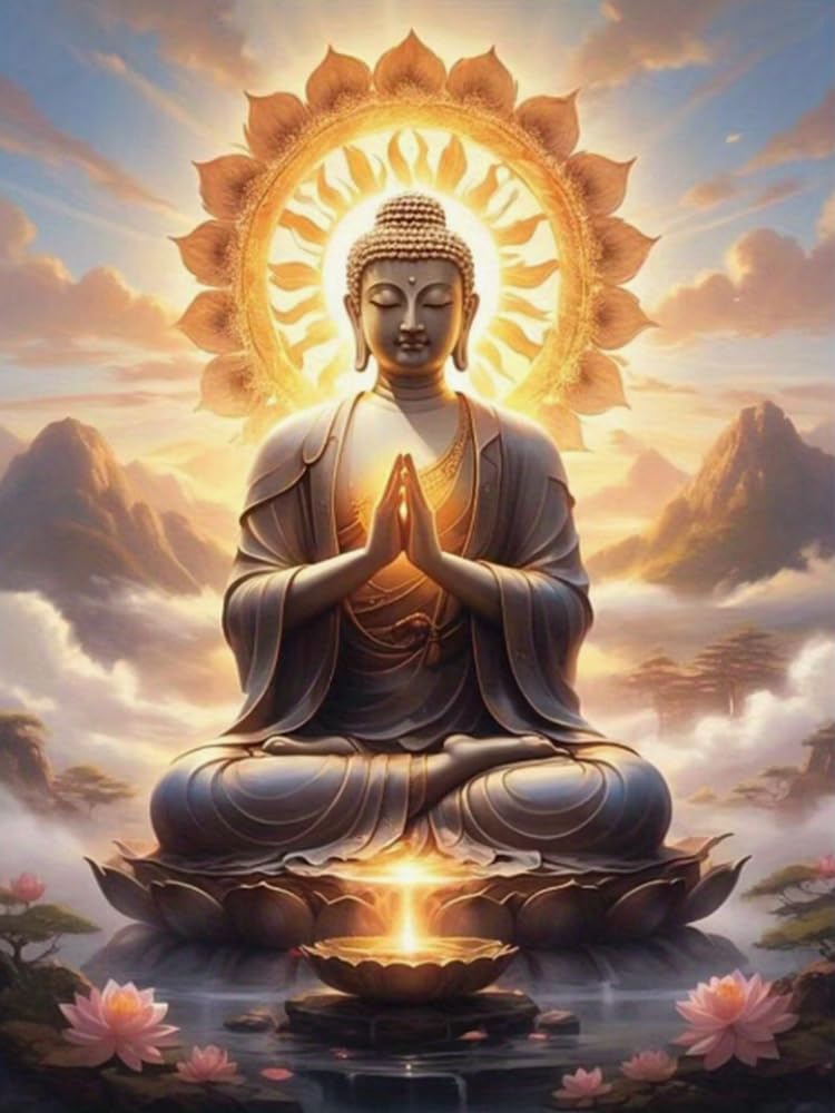 Brennora Stamped Cross Stitch Kits for Adults Lotus Buddha Statue 11CT Counted Cross-Stitch Embroidery Patterns Beginners Home Decor 16x20 inch
