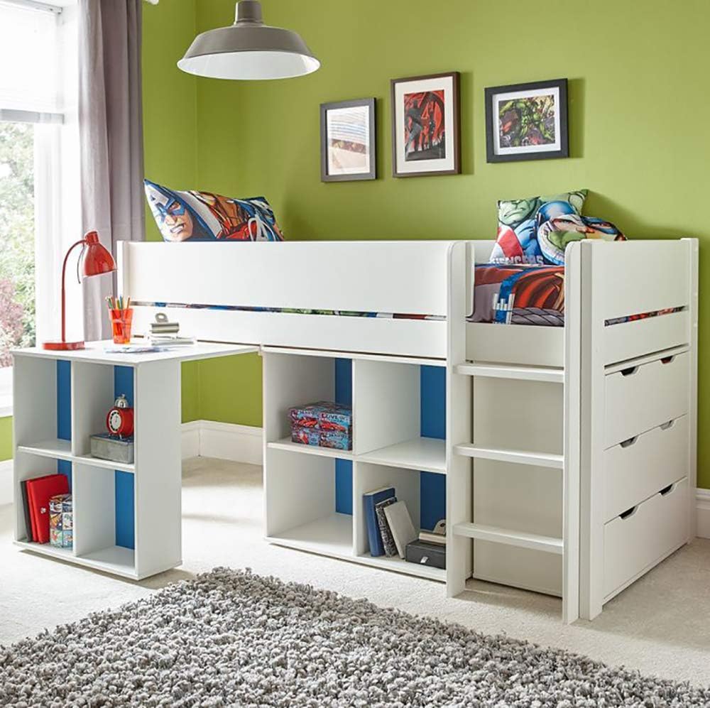 "The Classroom" White Midsleeper with Pull Out Desk, Drawers & Shelving