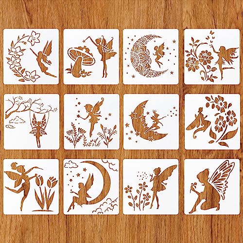MWOOT 12 Piezas Plantillas para Pintar Hadas, Stencil Plantillas con patrón Ángel Luna Flores Reutilizable para Pintar Muebles, Painting Template para Suelo Pared Tela(20x20cm)