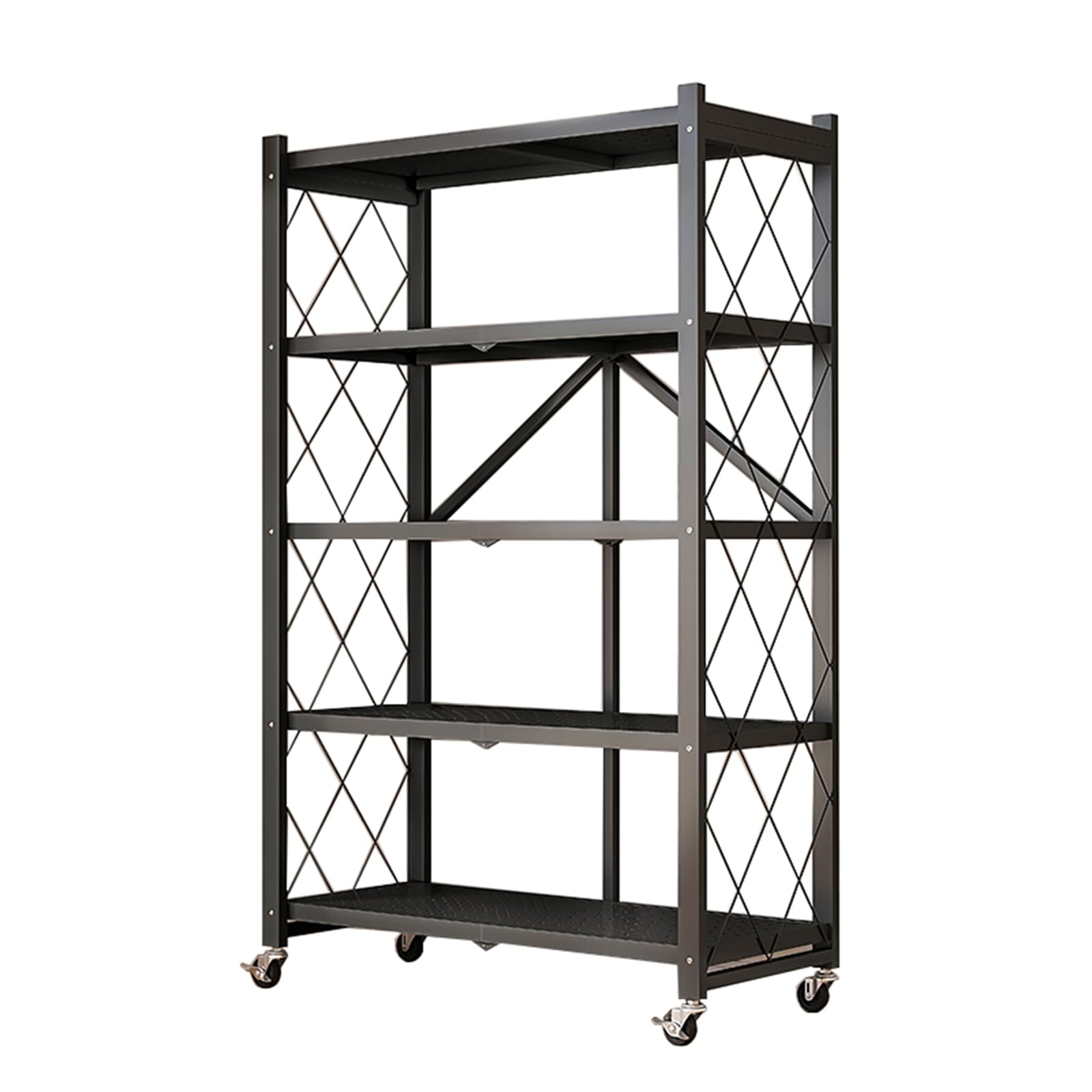 Scaffale pieghevole a 5 ripiani, resistente, con ruote, in metallo, per cucina, garage, lavanderia e bagno, nessun montaggio richiesto, nero