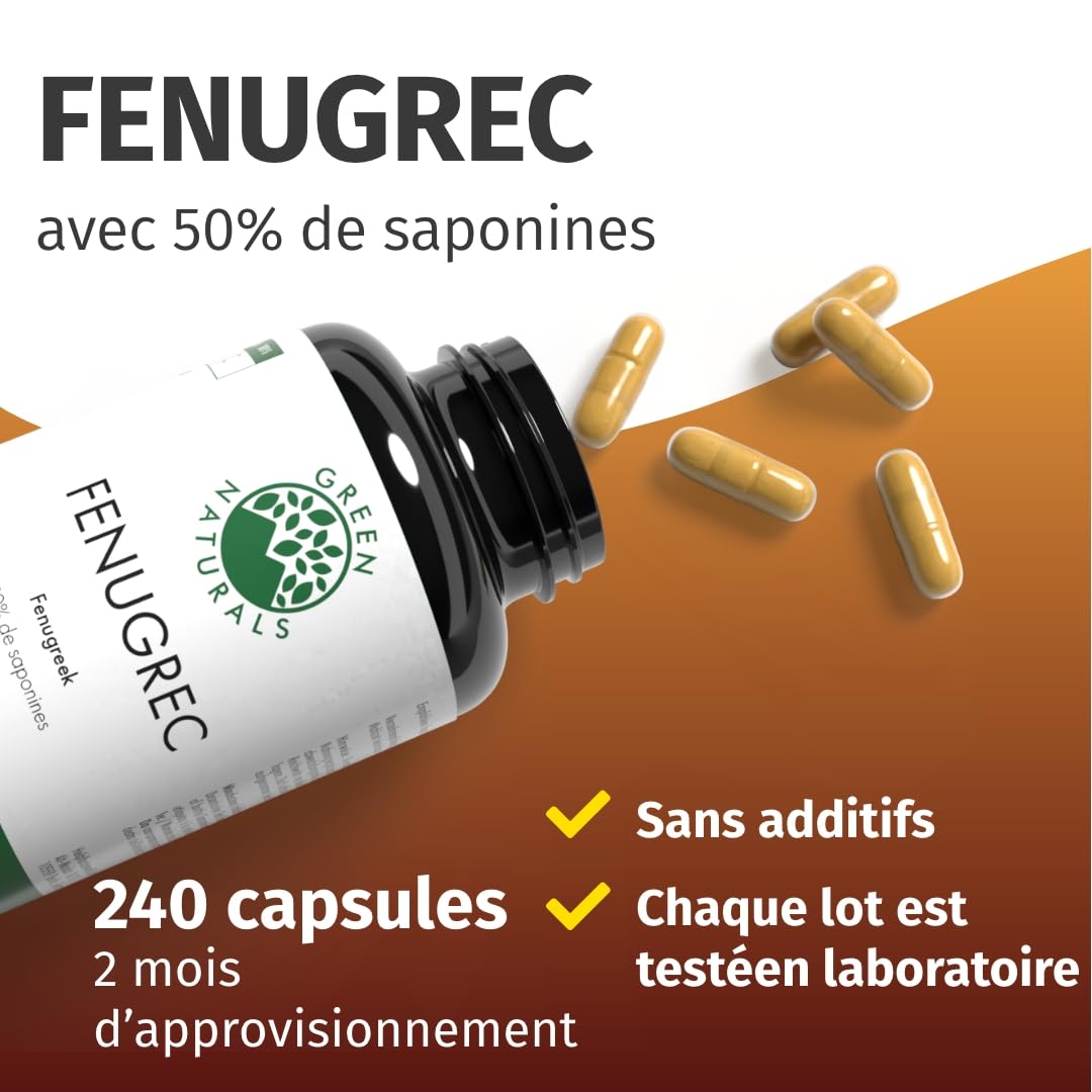 Fenugrec Gelule - Haute dose: 2600mg avec 50% de saponines - Végétalien, Testé en laboratoire, Sans lactose, Sans gluten - 240 capsules - Green Naturals®