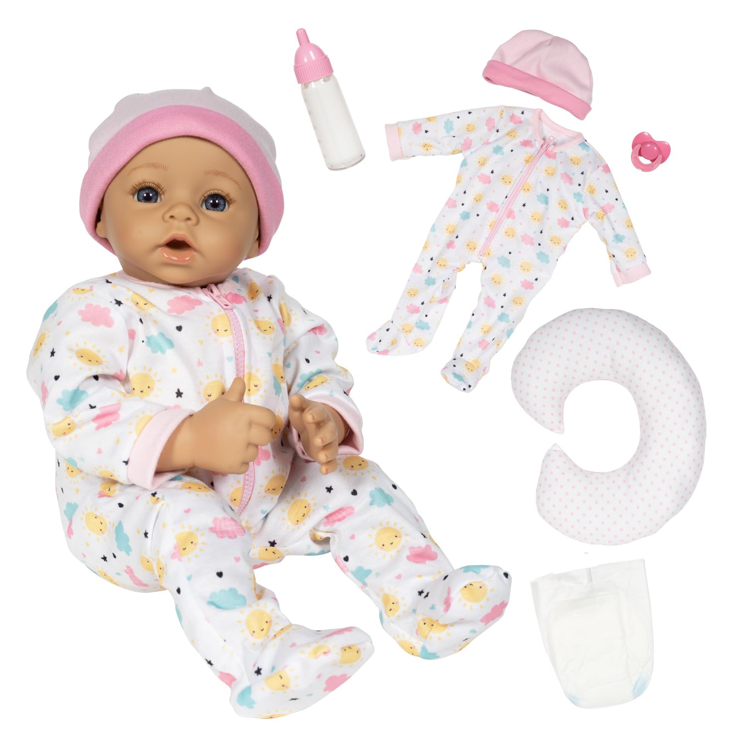 ADORA Sunshine, 14” Realistic Doll with Feeding Pillow Set with Accessories Including Sun-Printed Onesie, Beanie, Pacifier, Feeding Pillow, Diapers and Milk Bottle Birthday Gift for Ages 3+