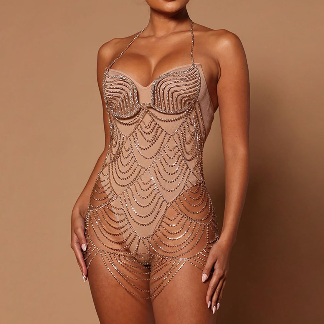 Abito A Catena per Il Corpo, Gioielli A Catena per Il Corpo in Strass, Abiti da Festival Rave Sexy per Donne E Ragazze-Silver