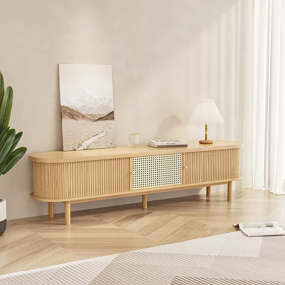NG Decor, 71" Modern Oval Pine Wood Rattan TV Stand in Natural with Storage & Drawer for 80" TV-image-31