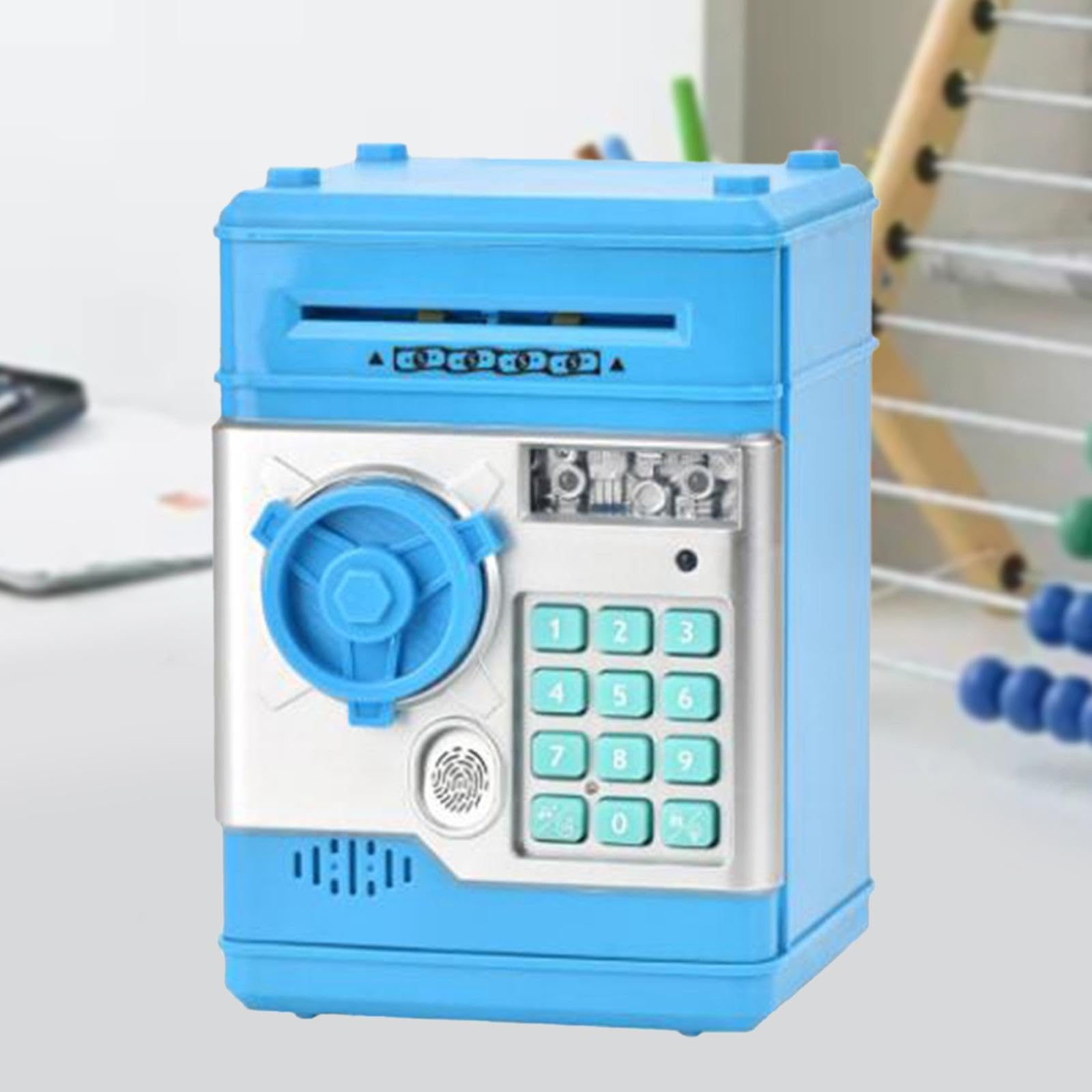 Caja Fuerte Electrónica Infantil Banco de Ahorros Juguete con Contraseña Bloqueo Dactilar Música Almacenaje Dinero Material Plástico Adecuado para Niñ, Azul Claro