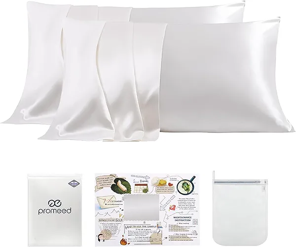PROMEED White Silk Pillowcase 2 Pack for Hair and Skin, Both Sides 100% 23 Momme Mulberry Silk Pillow Case Set of 2 with Hidden Zipper, Soft and Breathable (Standard 20"x26", White)