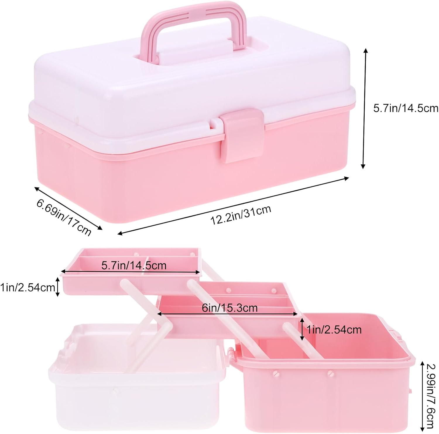 OUTUXED 12.5inch 3-Layer Multipurpose Craft Organizers, Portable Folding Toolbox, Plastic Tool Box with Handle for Sewing Supplies, Medicine, Art Supplies, Nails and Hair Accessories(Dusty Pink) - Image 2