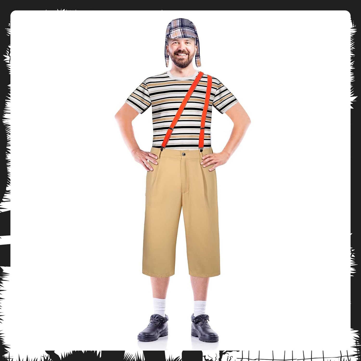 4 Pcs Halloween Comedy Costume Uniform Overalls Suit Striped T-Shirt Hat Pants Suspenders for Adult Cosplay Party