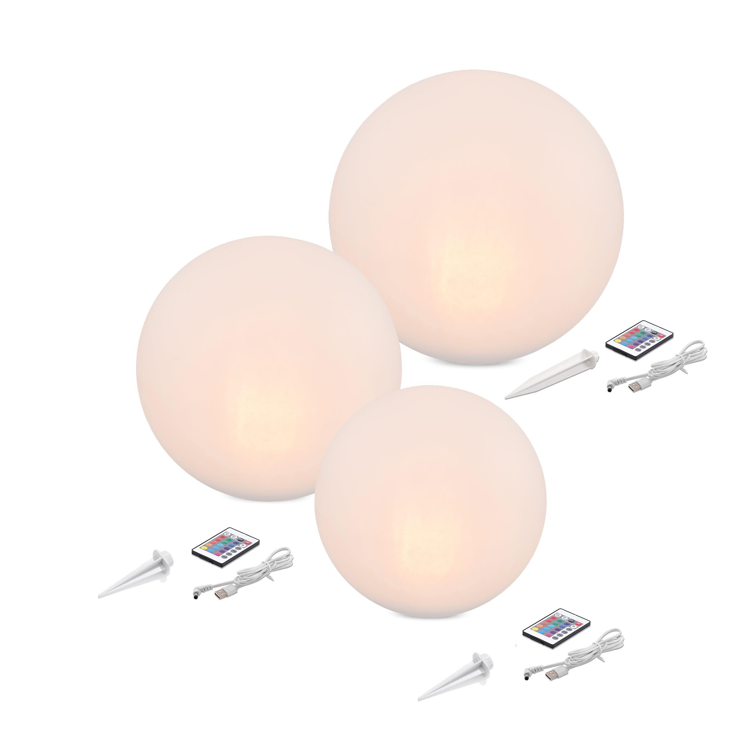 Esotec Solarkugeln Siena, 3er Set, multicolor, 20+30+40cm, Fernbedienung, USB, 16 Leuchtfarben, Akku, Solarmodul, Erdspieß, Solarleuchte, Kugelleuchte, außen, winterfest, wetterfest, 102895