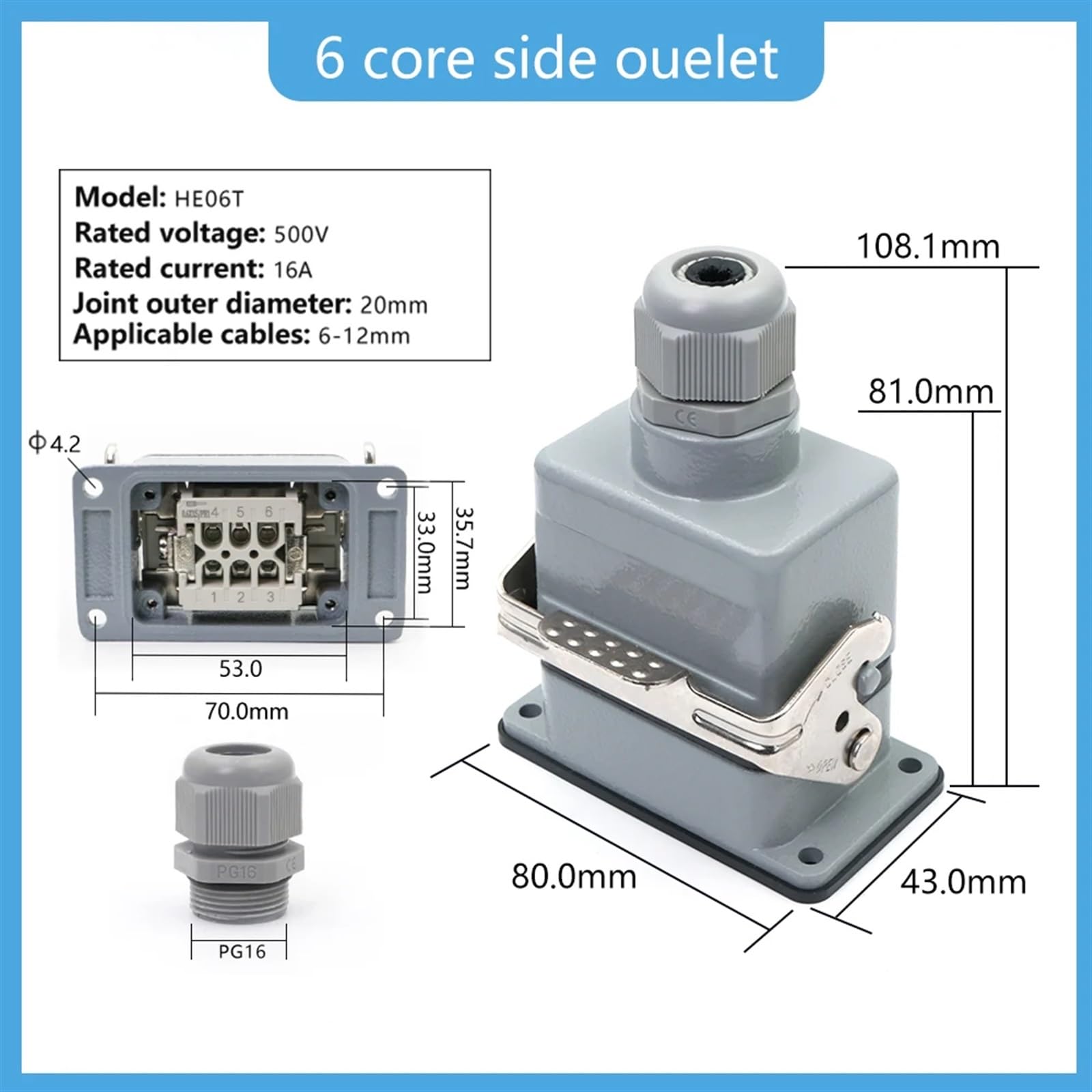 Conector rectangular de alta resistencia HDC HE 6 pines 500 V 16 A Contacto Conector de tornillo de potencia industrial Entrada lateral/superior HDC-HE-06(Top entry)