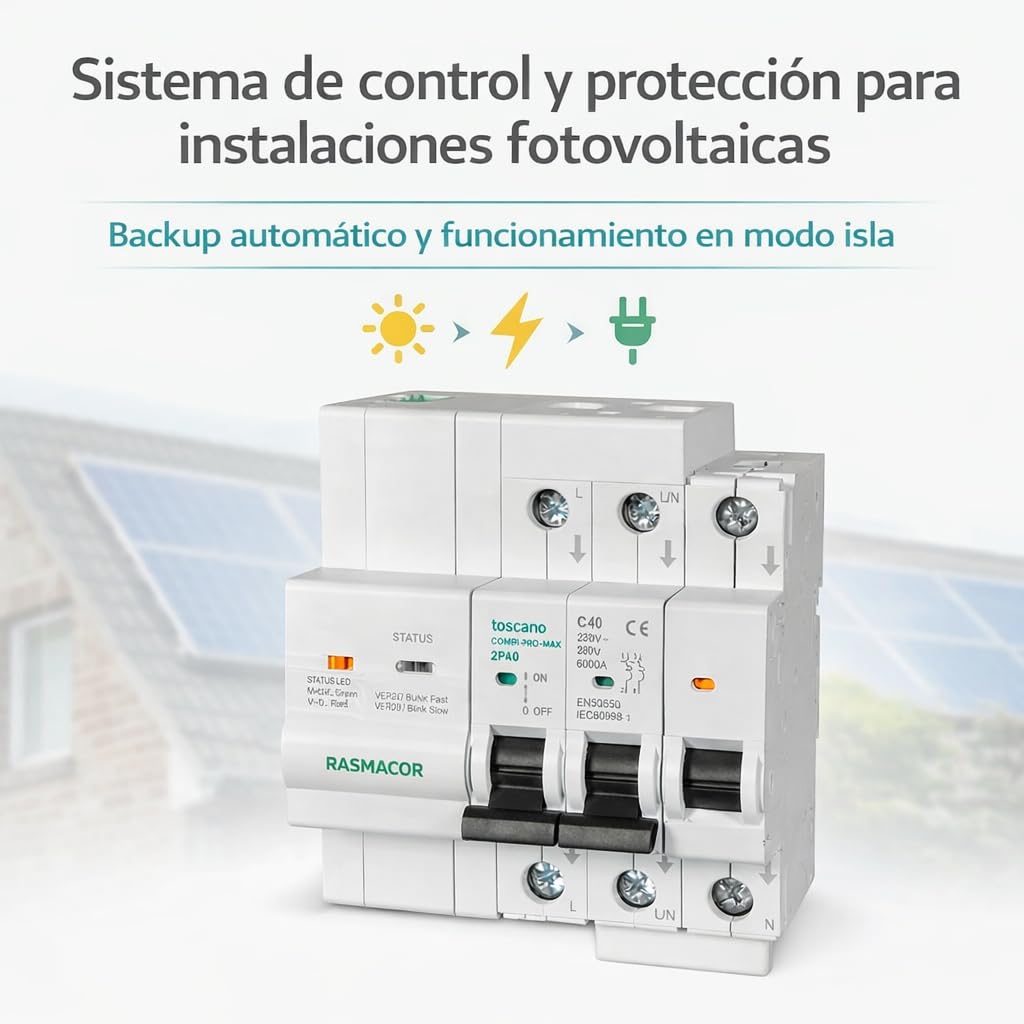 Tóscano 10004923 COMBI-PRO-MAX-2P40 | Backup y Modo Isla | Sistema de Control y Protección para Instalaciones Fotovoltaicas | IGA 2P 40A 6KA 230VAC con Protección de Sobretensiones
