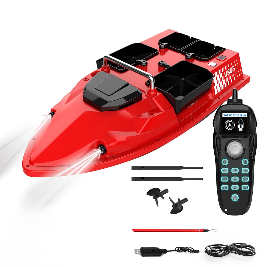 Kidaromo V803 RC Bait Boat with LED Lights, High-Speed Fishing Bait Boat, 500M Range, 4 Bait Hoppers, Dual Antenna System & Gyro Stabilisation, Remote Contro Carp Fishing Boats