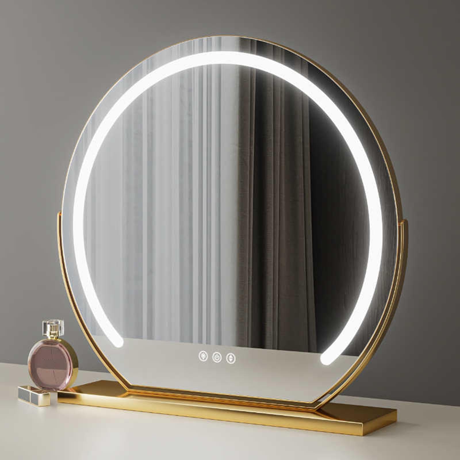 Okrągłe złote lustro toaletkowe LED obracane o 360°, 60 cm, ściemniane lustro toaletkowe z 3 ustawieniami kolorów, do makijażu i akcesoriów kosmetycznych