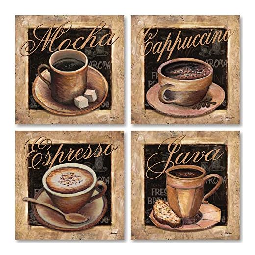 Gango Home Decor Lovely, Classic Coffee Cups; Mocha, Cappacino, Espresso, and Java Signs; Four 12 x 12 Poster Prints